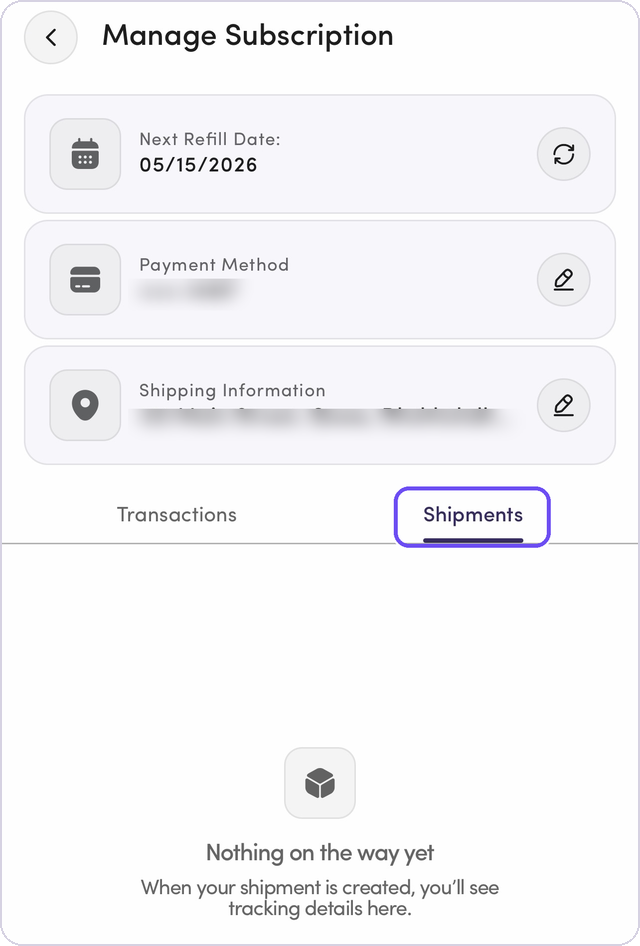 The Shipments tab on the Manage Subscription screen
