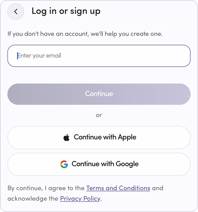 The Log in or sign up screen