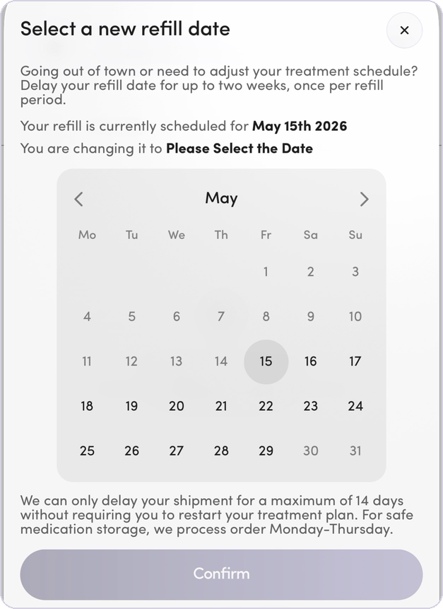 The Select a new refill date panel
