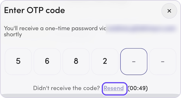 The Enter OTP code panel, with the Resend link